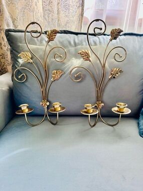 Home Interiors Gold Leaf Metal Wall Candle Sconces - Pair